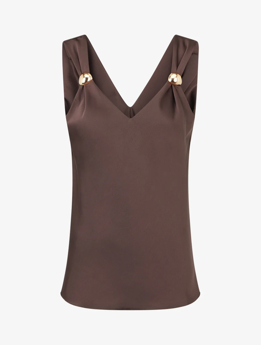 Top satiné à empiècement bijoux - Marron