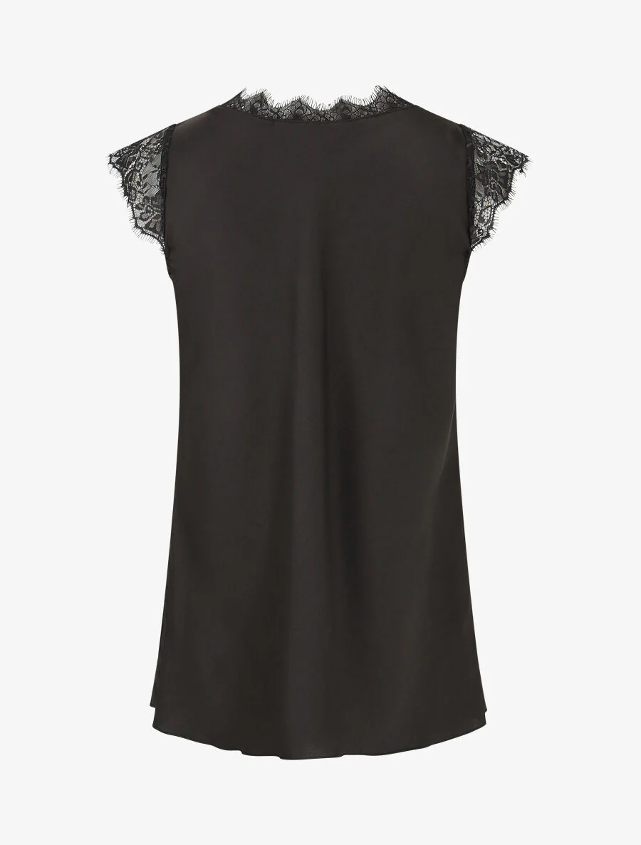 Top satiné à épaules en dentelle - Noir - Image 2