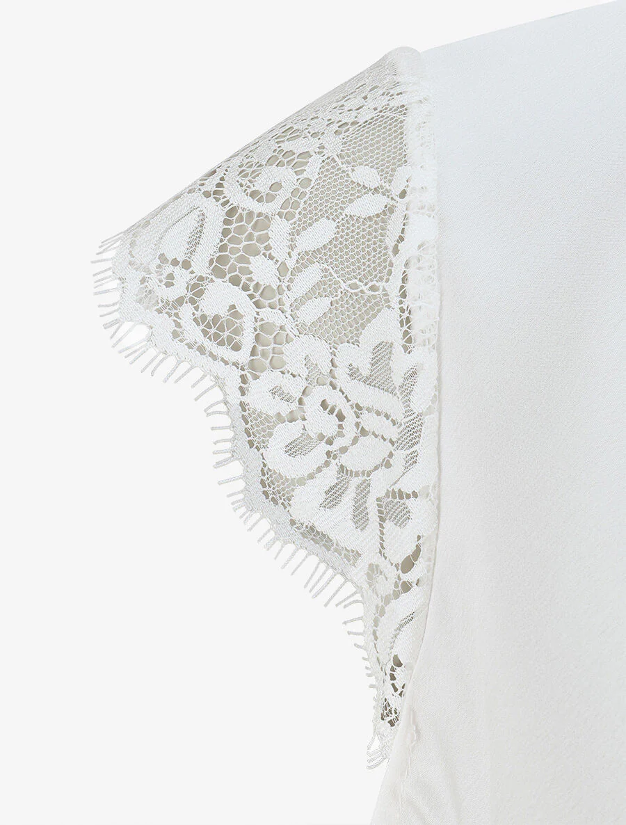 Top satiné à épaules en dentelle - Blanc - Image 3