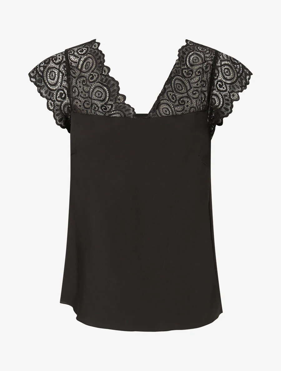 Top satiné à mancherons en dentelle - Noir