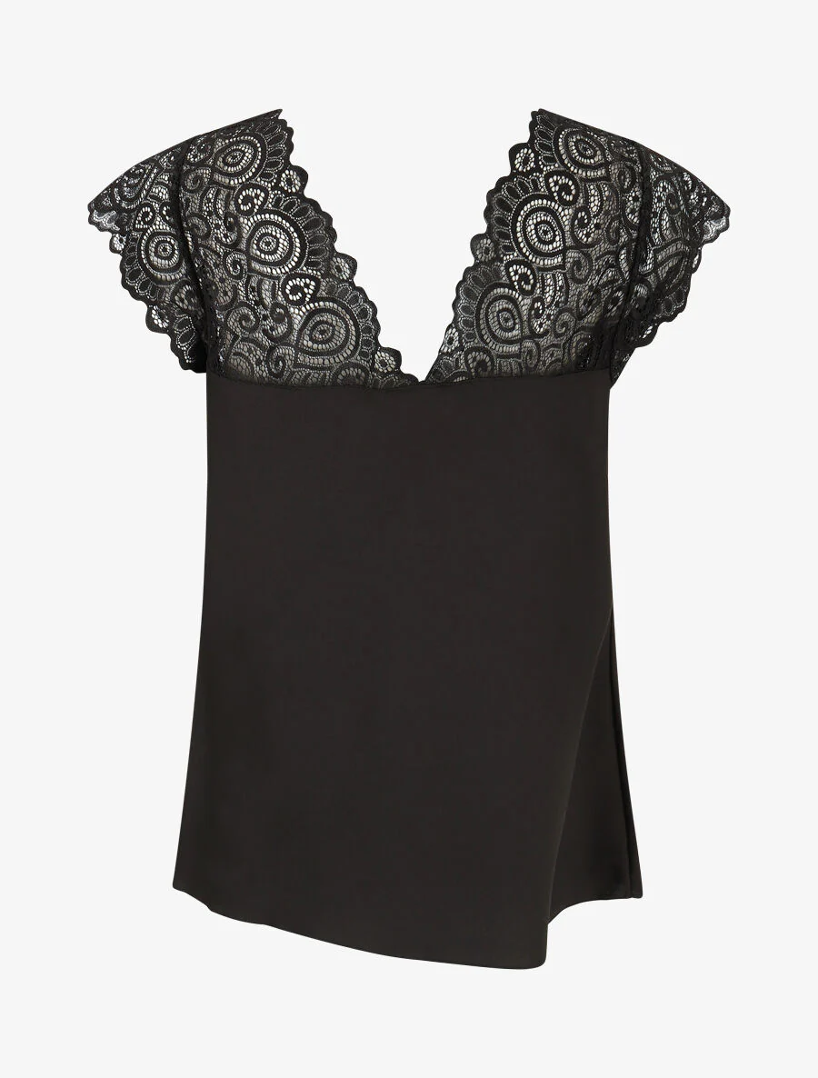 Top satiné à mancherons en dentelle - Noir - Image 2