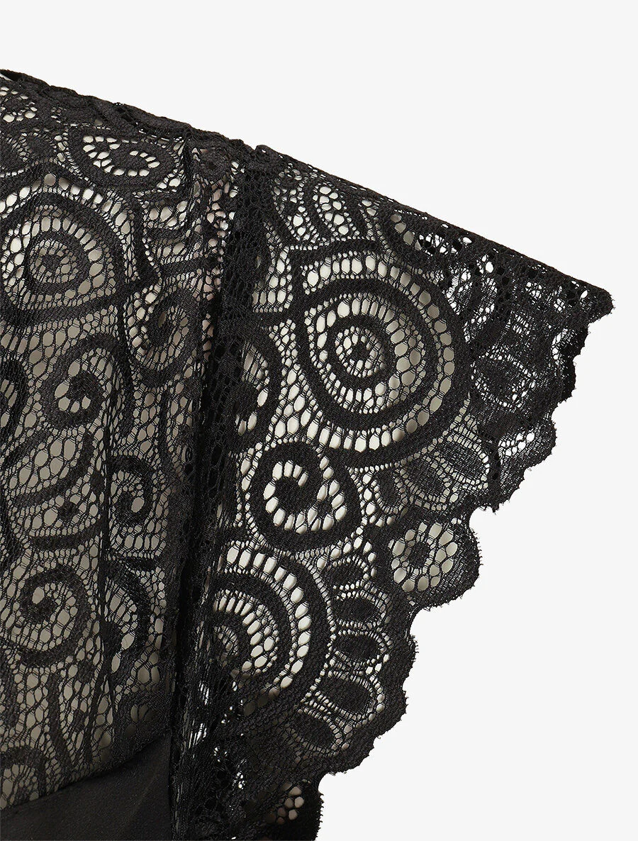 Top satiné à mancherons en dentelle - Noir - Image 3