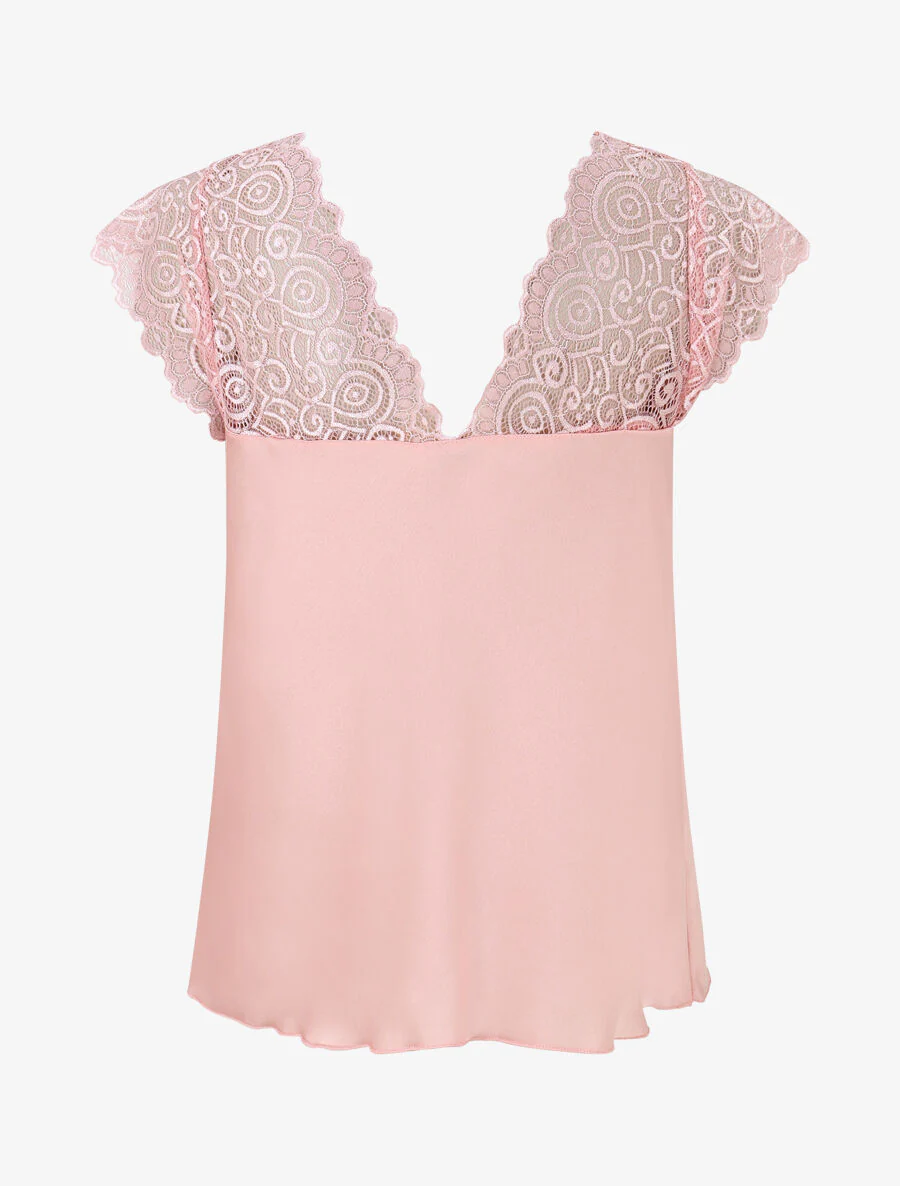 Top satiné à mancherons en dentelle - Rose - Image 2
