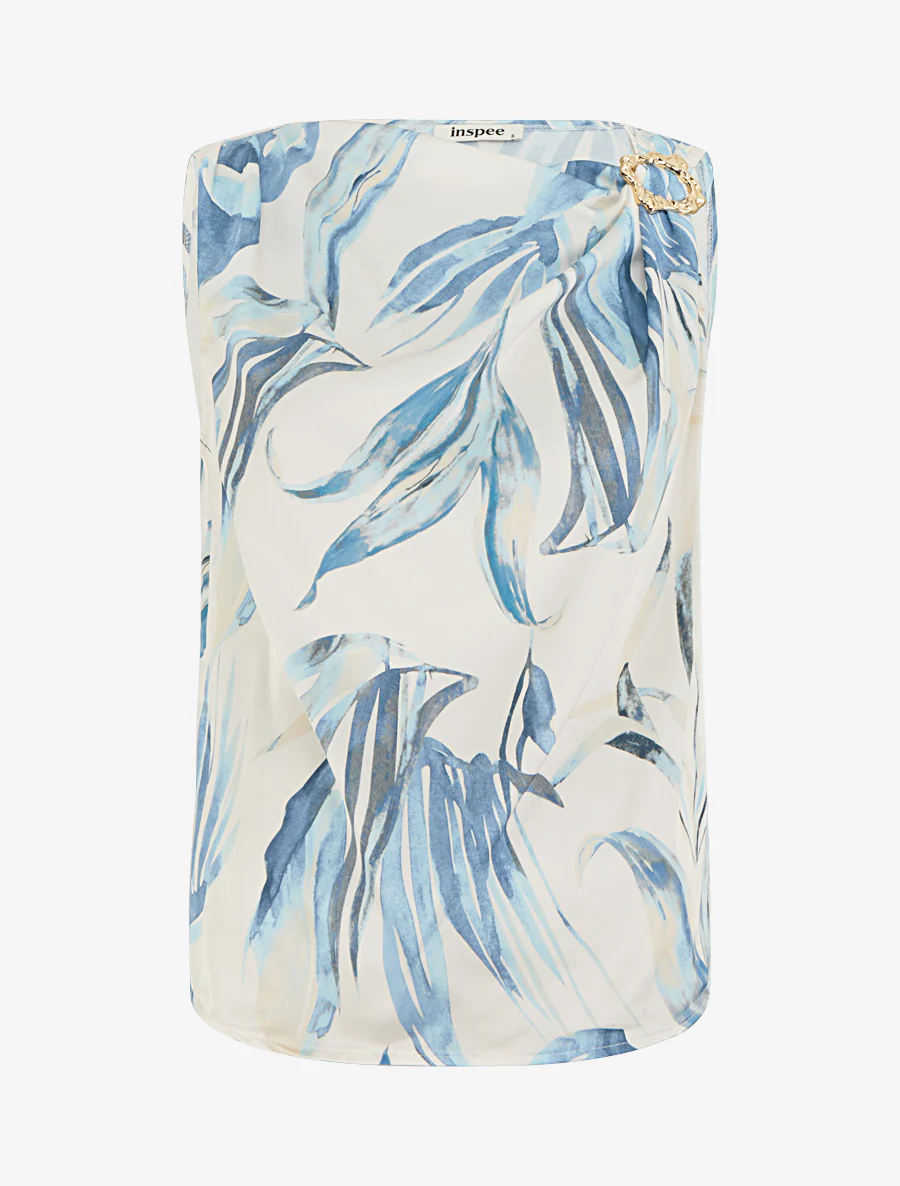 Top satiné imprimé feuilles et bretelle à bijou - Bleu