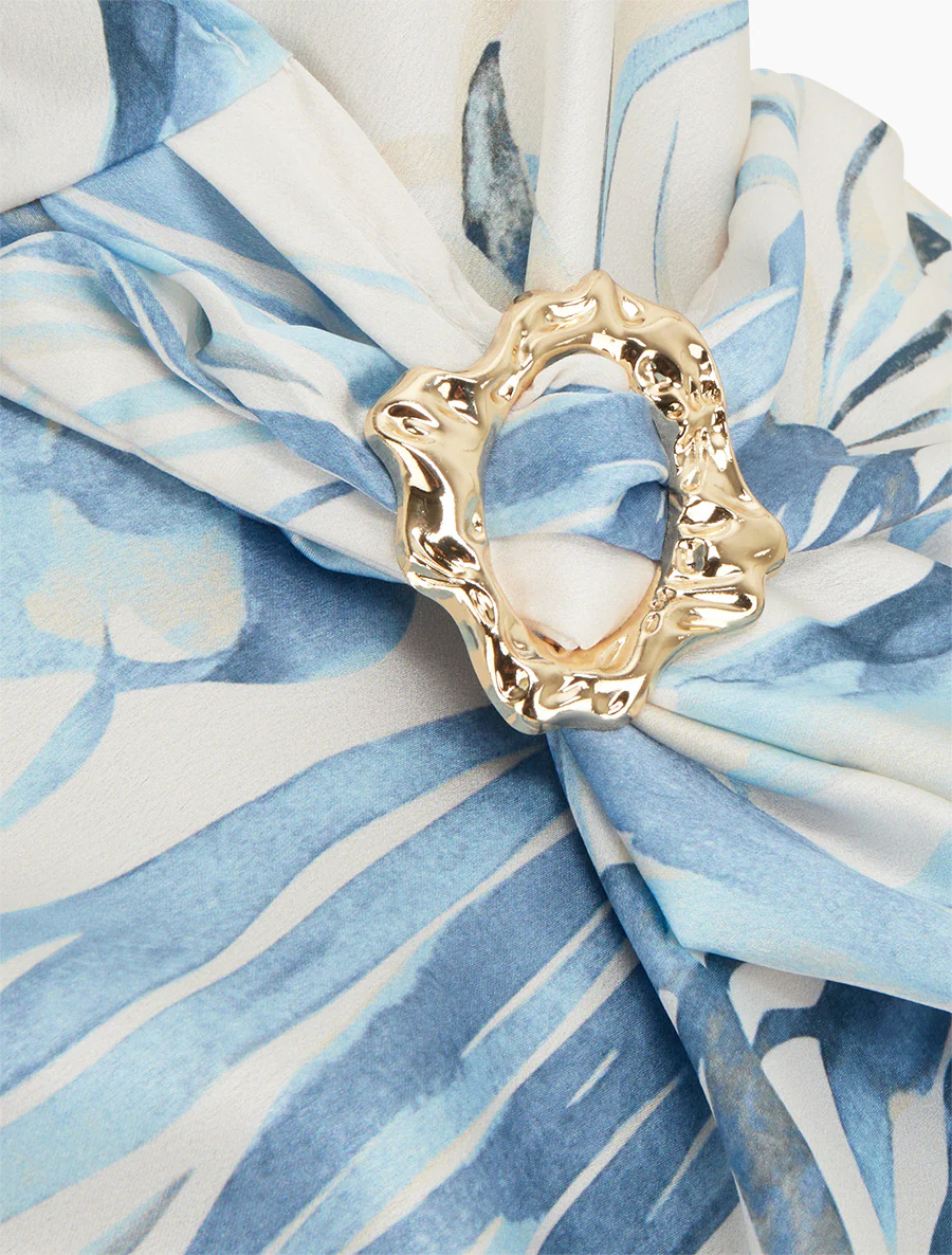 Top satiné imprimé feuilles et bretelle à bijou - Bleu - Image 3