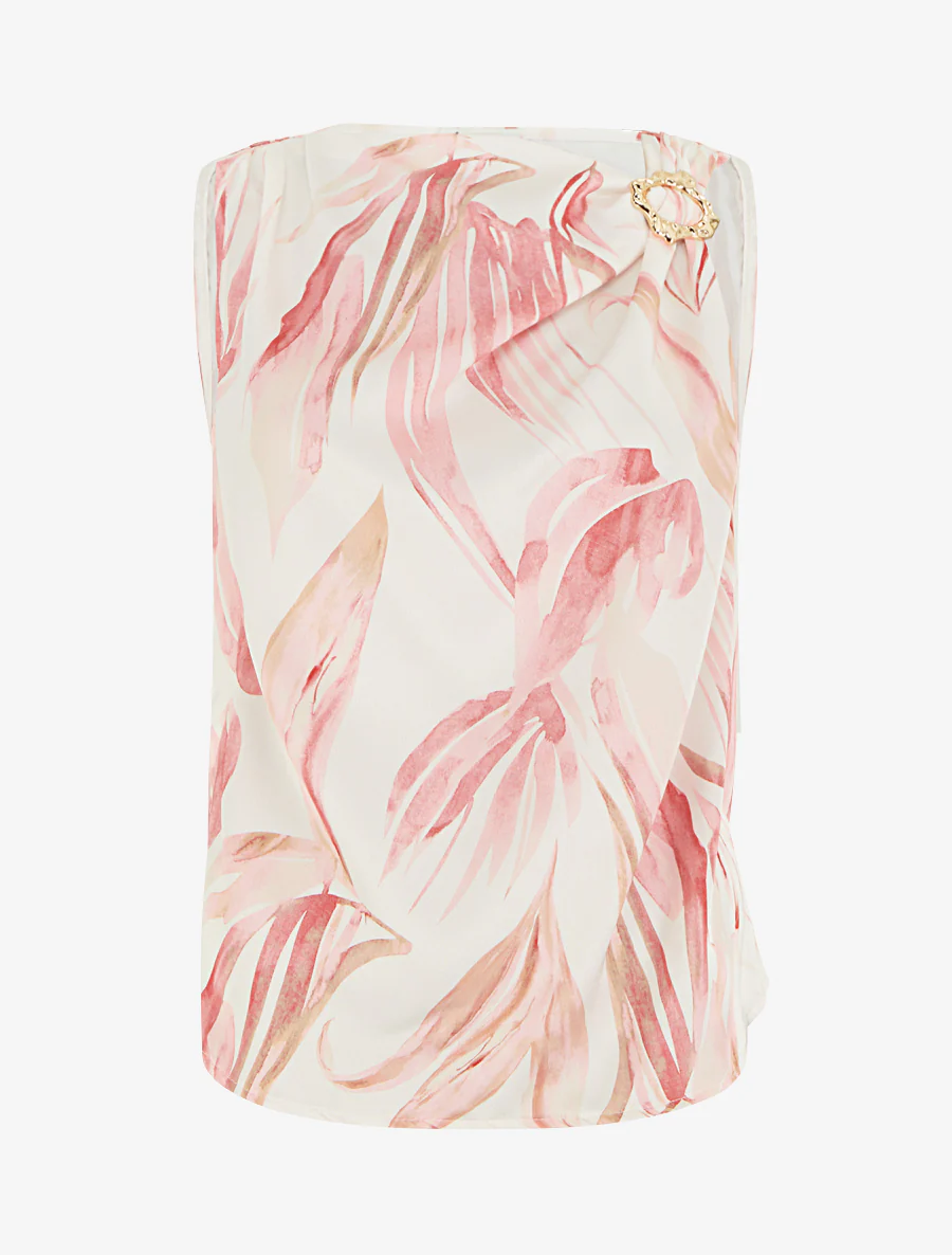 Top satiné imprimé feuilles et bretelle à bijou - Rose