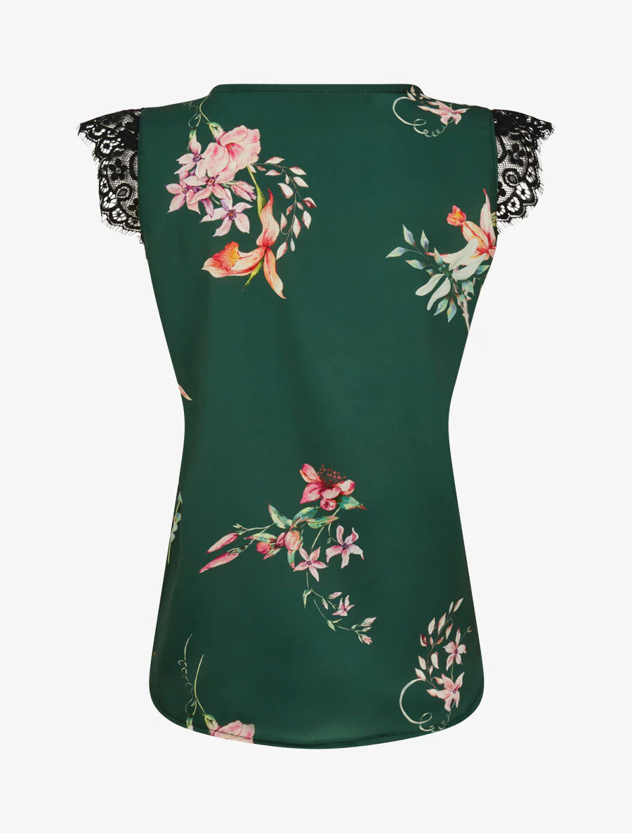 Top satiné imprimé fleurs de lys à détail dentelle - Vert émeraude - Image 2