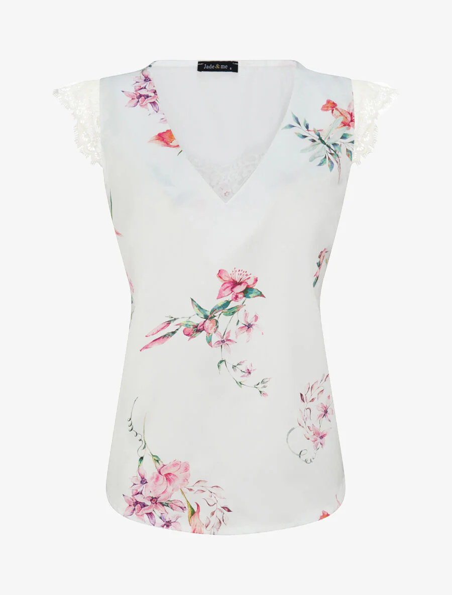 Top satiné imprimé fleurs de lys à détail dentelle - Blanc