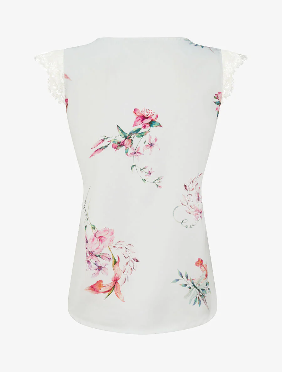 Top satiné imprimé fleurs de lys à détail dentelle - Blanc - Image 2