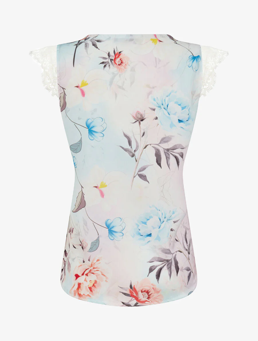 Top satiné imprimé pivoines à détail dentelle - Beige - Image 2