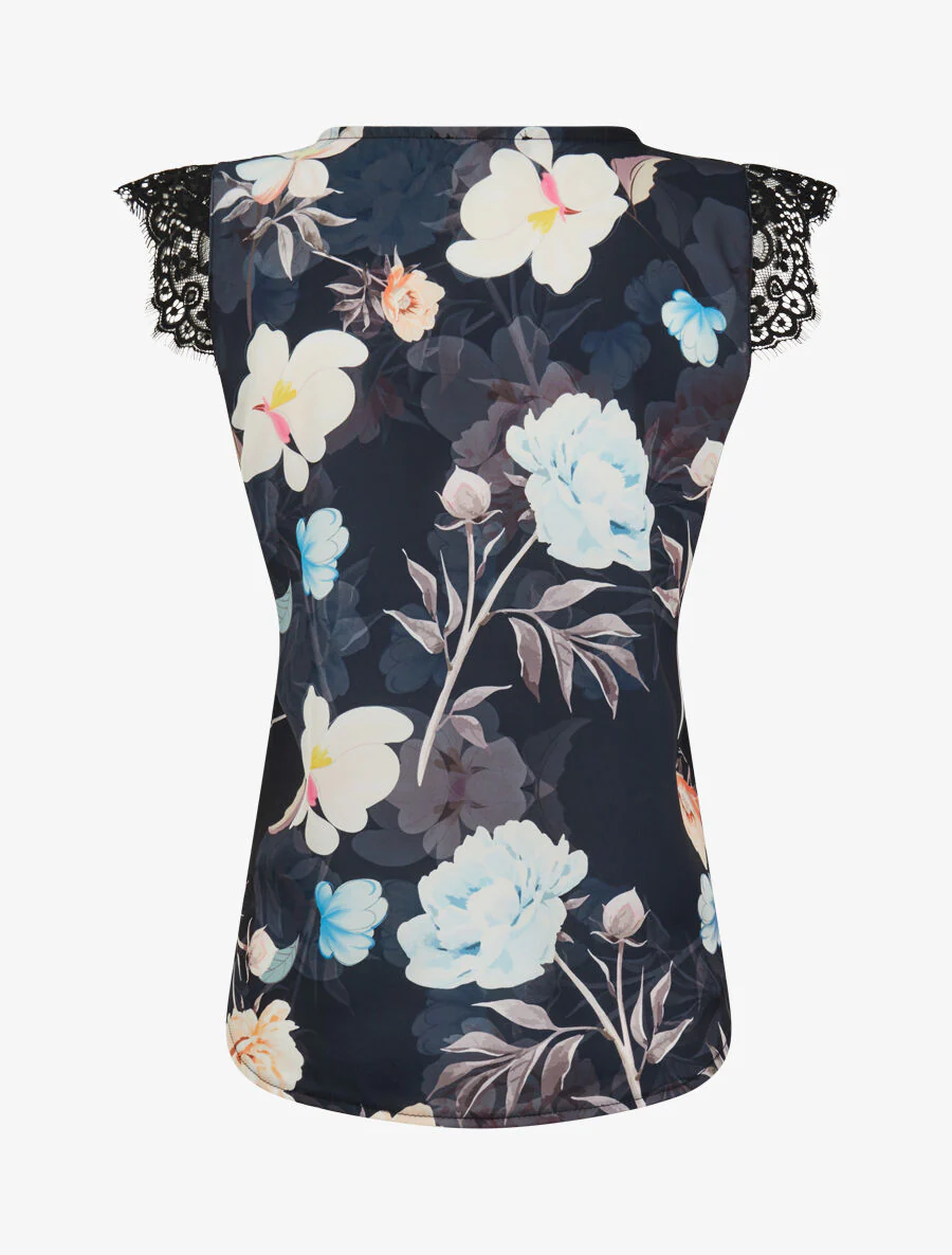 Top satiné imprimé pivoines à détail dentelle - Bleu nuit - Image 2