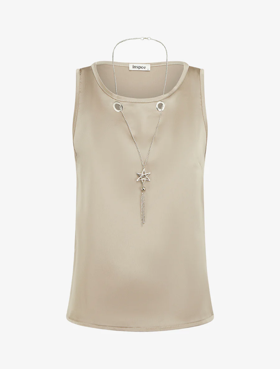 Top satiné sans manches à col bijou - Taupe