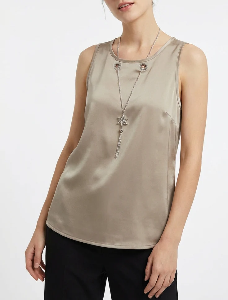 Top satiné sans manches à col bijou - Taupe - Image 4