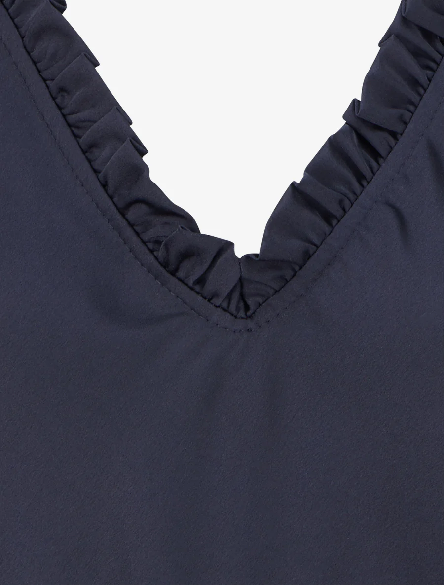 Top satiné sans manches à col volanté - Marine - Image 3