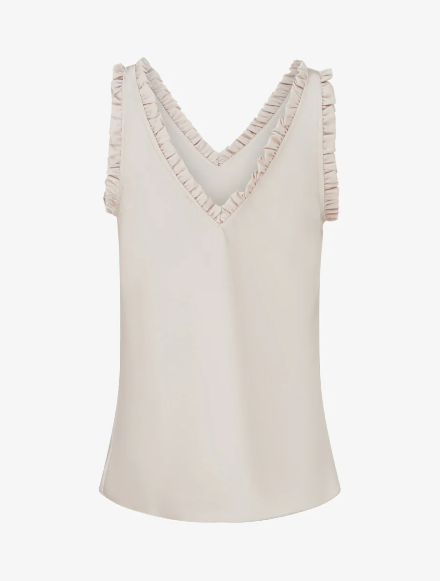 Top satiné sans manches à col volanté - Beige - Image 2