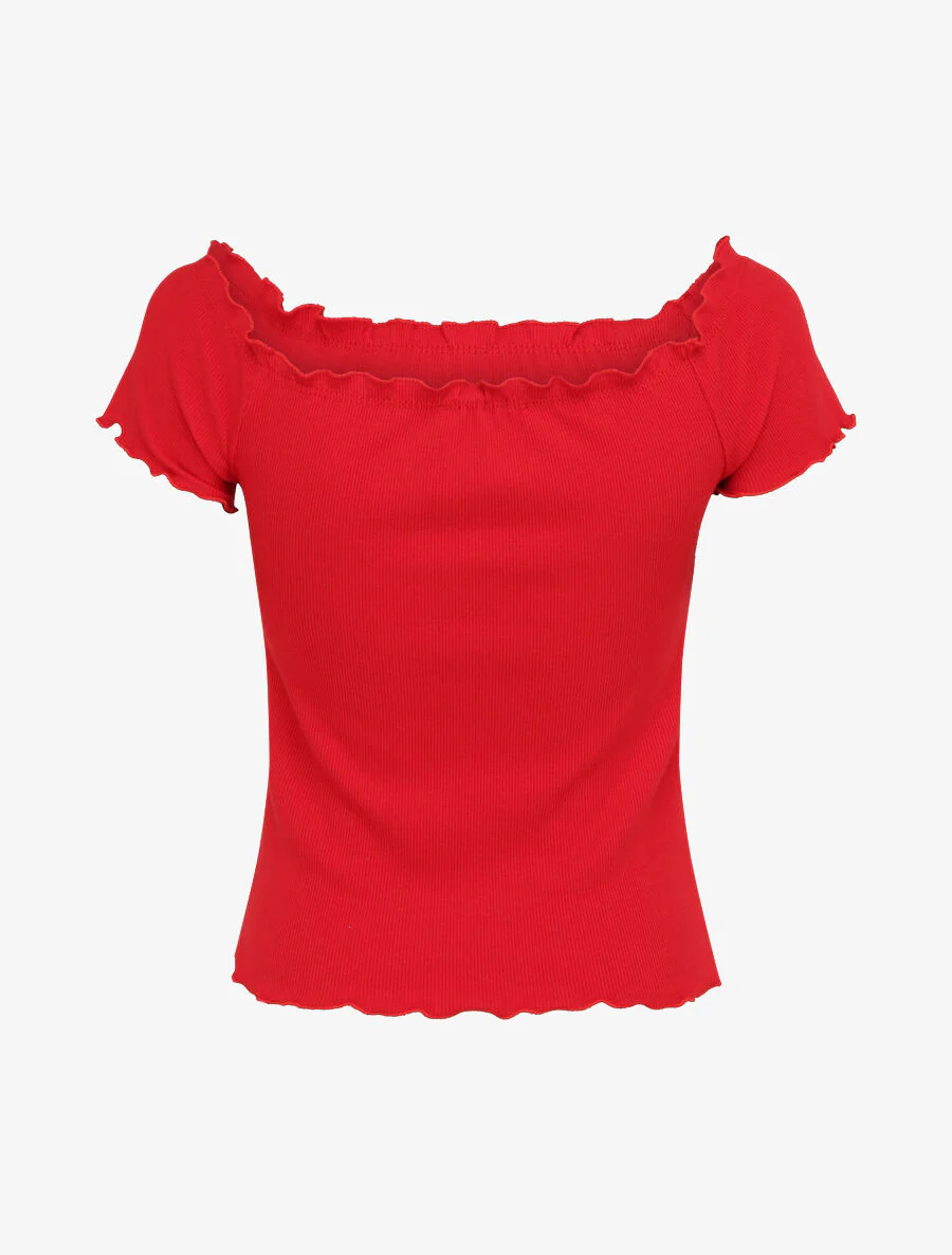 Top slim uni col bardot - Rouge - Image 2