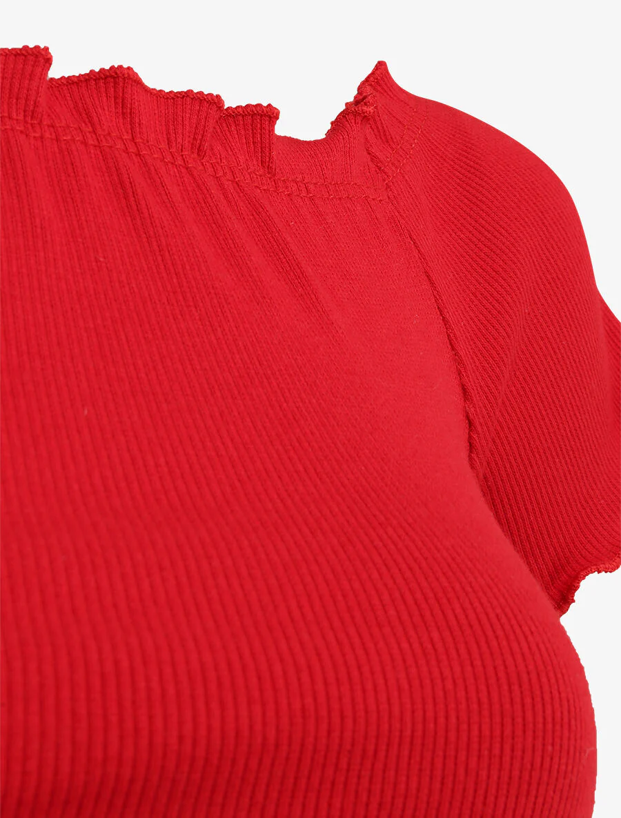 Top slim uni col bardot - Rouge - Image 3