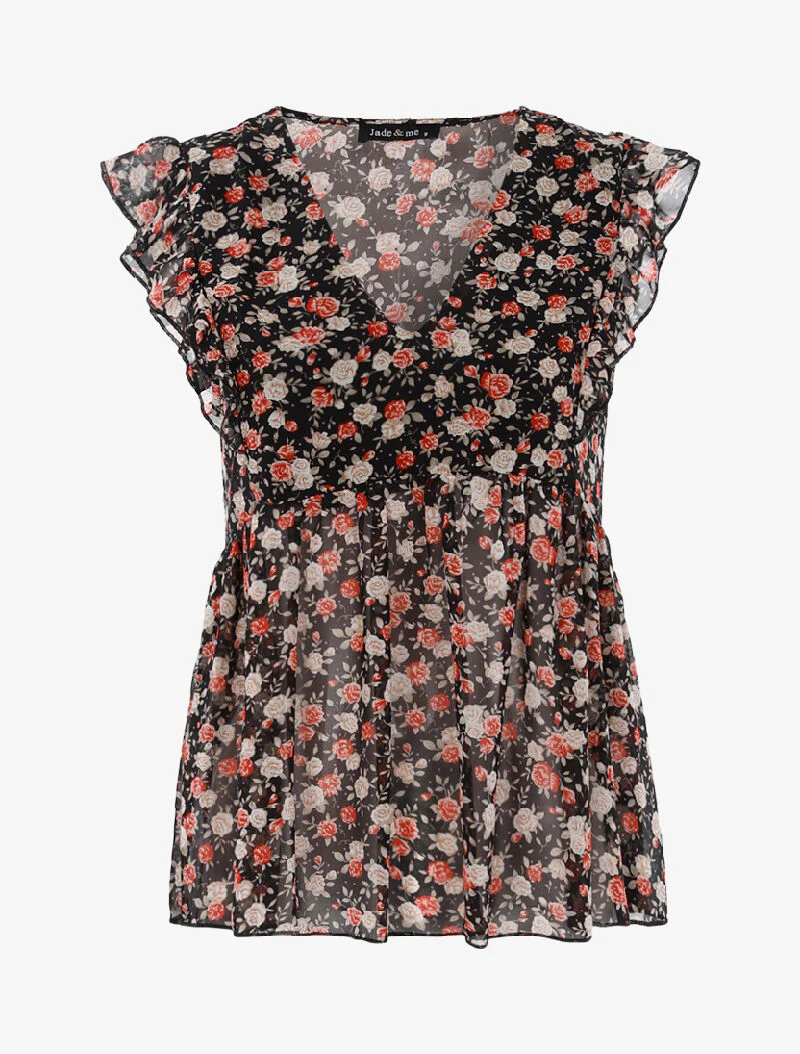 Top transparent fleuri - noir