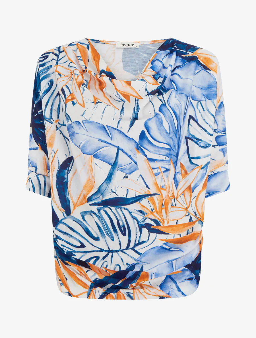 Top tropical manches 3/4 et effet plissé - Marine