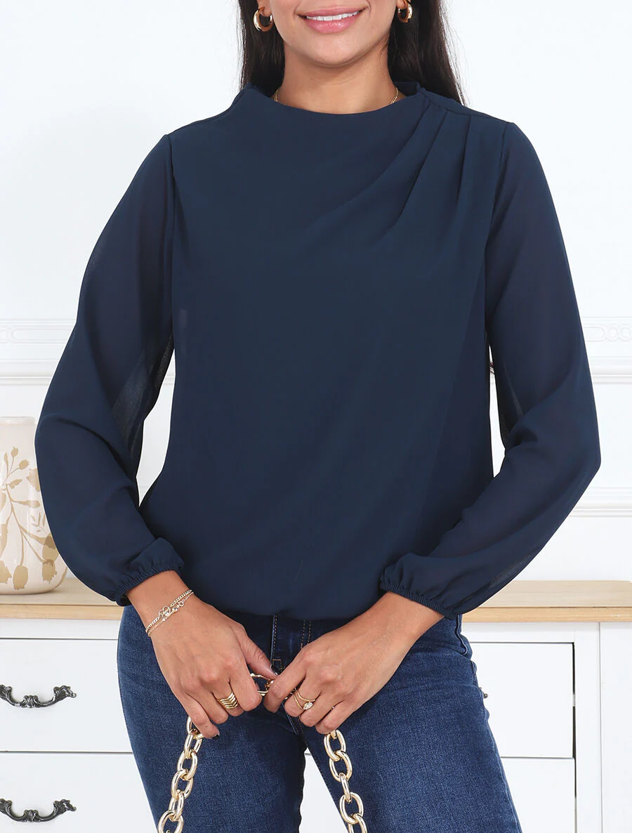 Top uni à col drapé - Marine - Image 4