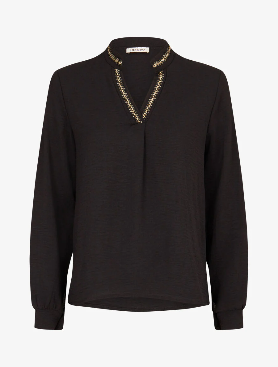 Top uni à col V brodé et irisé - Noir