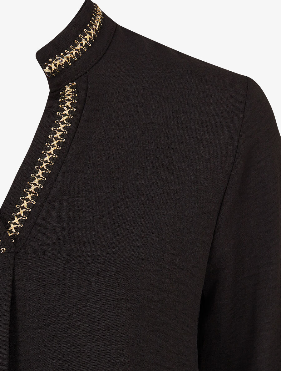 Top uni à col V brodé et irisé - Noir - Image 3
