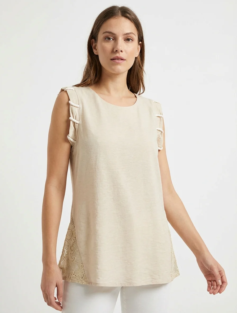 Top uni à détail effet cordes et broderies ajourés - Beige - Image 4