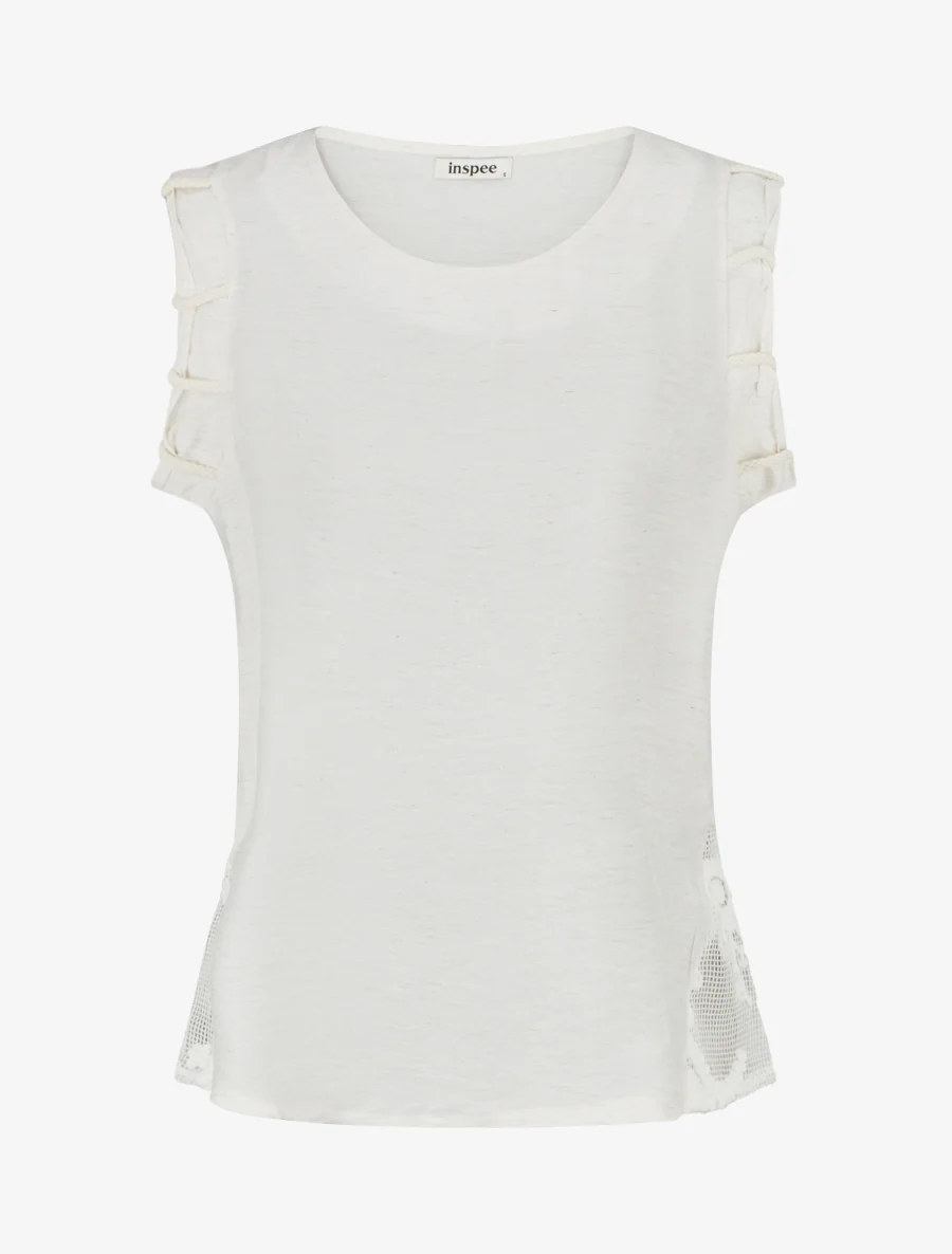 Top uni à détail effet cordes et broderies ajourés - Crème