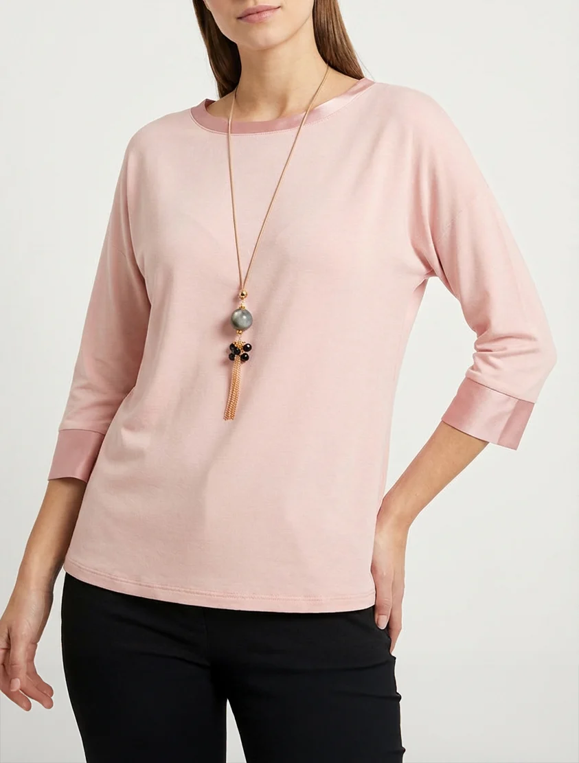 Top uni à empiècement en satin - Rose - Image 4