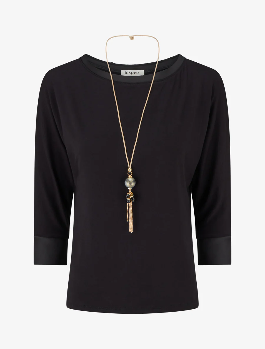 Top uni à empiècement en satin - Noir