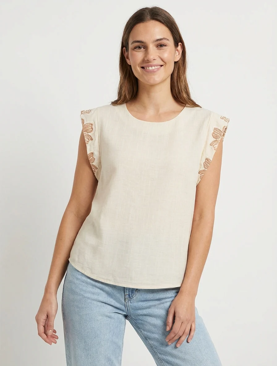 Top uni à mancherons brodés - Beige - Image 4