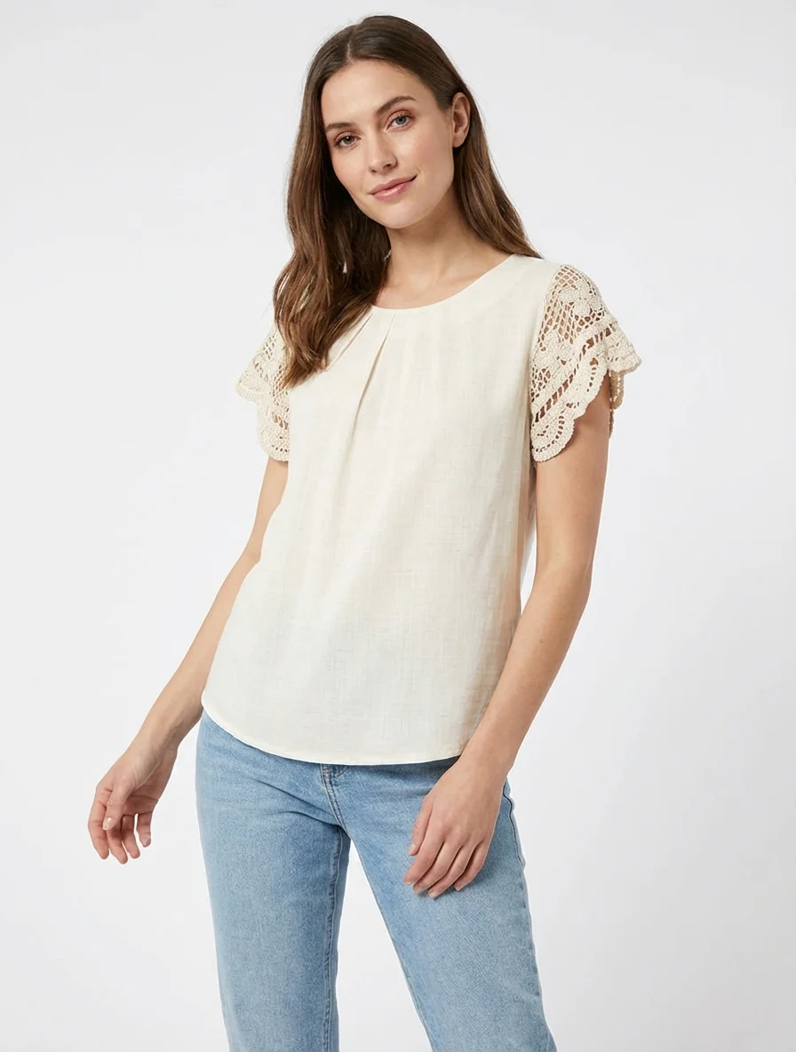 Top uni à manches courtes brodées - Crème - Image 4