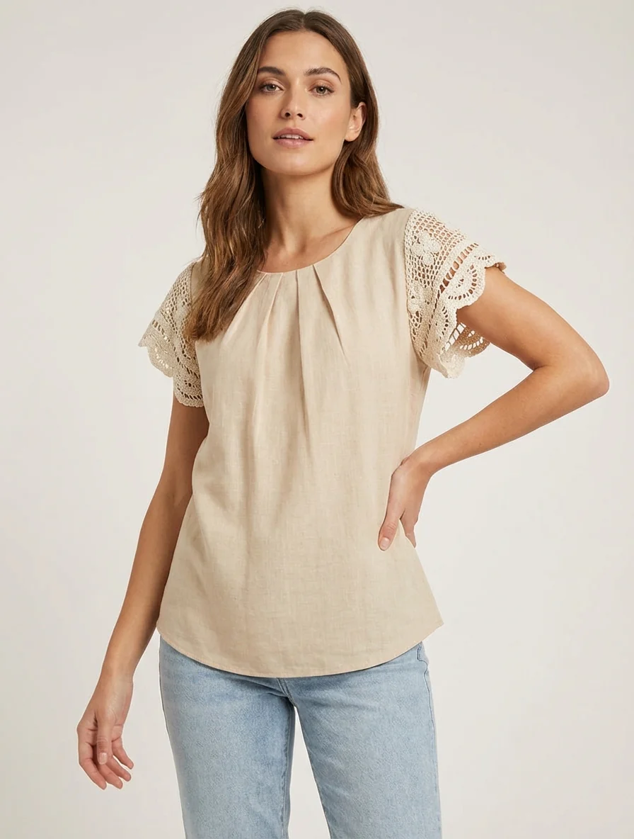 Top uni à manches courtes brodées - Beige - Image 4