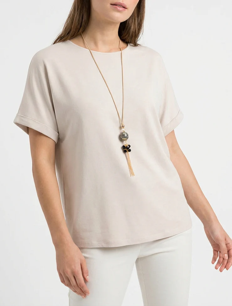 Top uni à manches courtes - Beige - Image 4