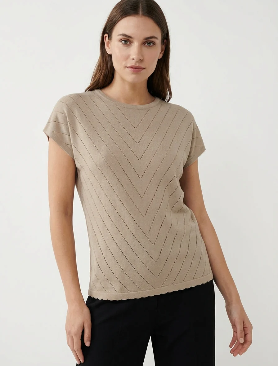 Top uni ajouré à col rond - Taupe - Image 4