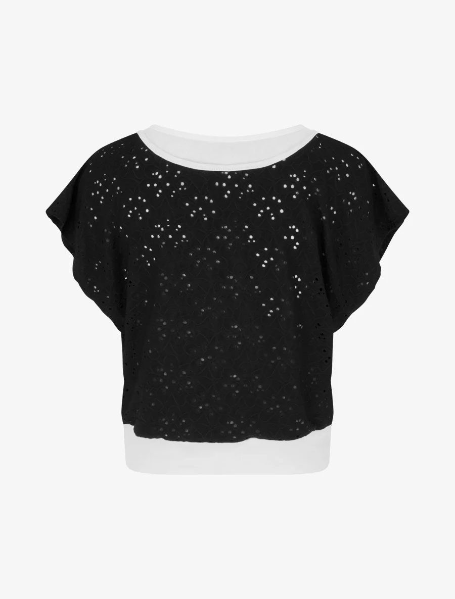 Top uni ajouré à manches courtes - Noir - Image 2