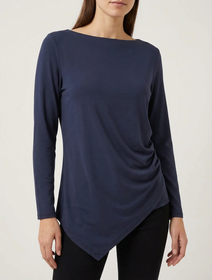 Top uni asymétrique à col rond - Marine - Image 4