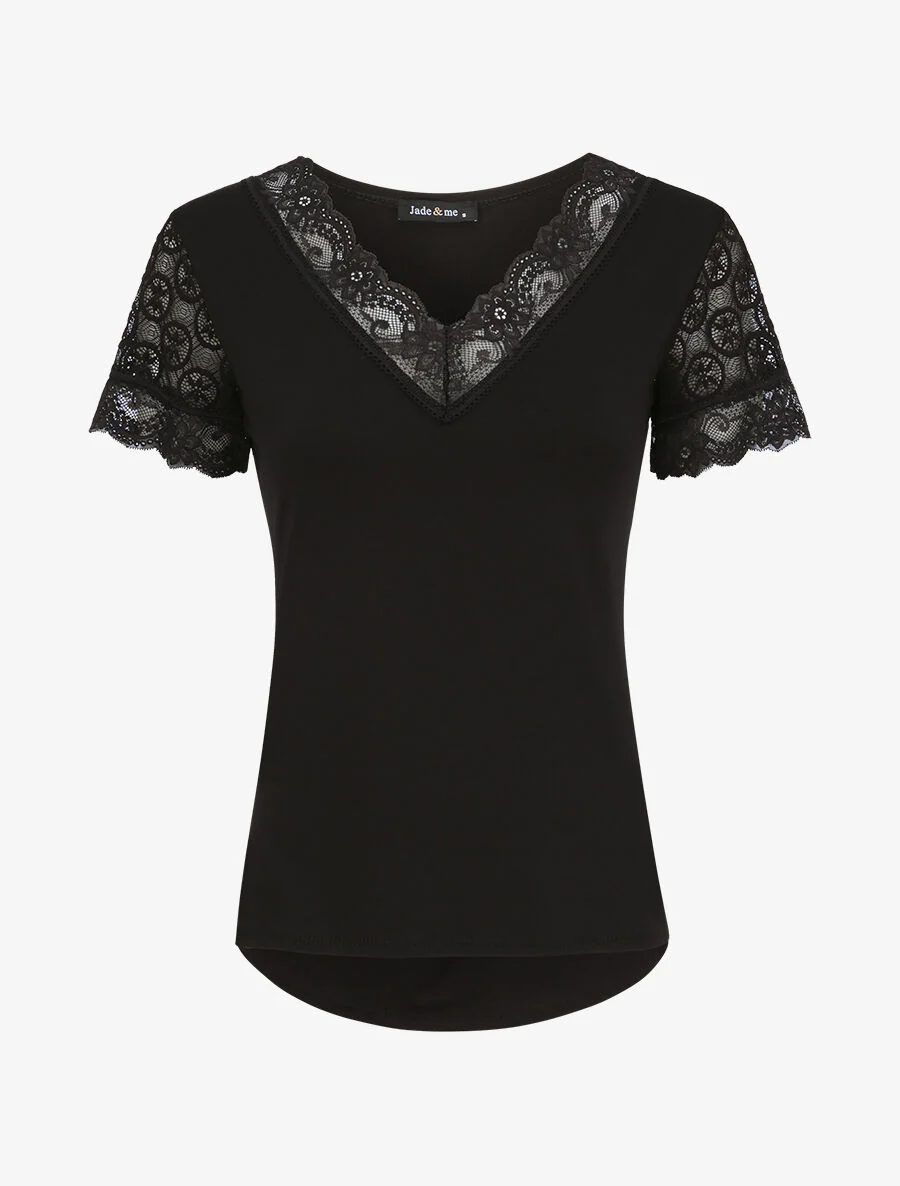 Top uni droit à manches dentelle - Noir