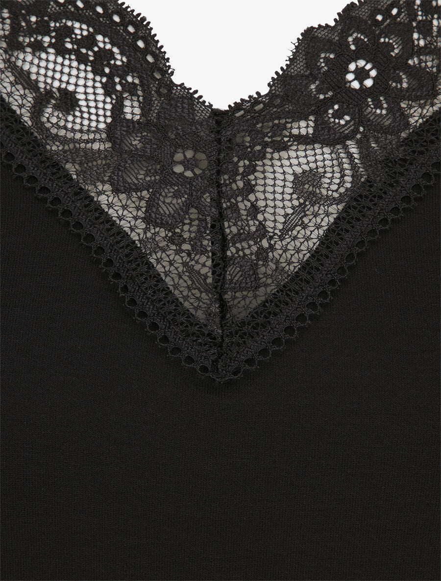 Top uni droit à manches dentelle - Noir - Image 3