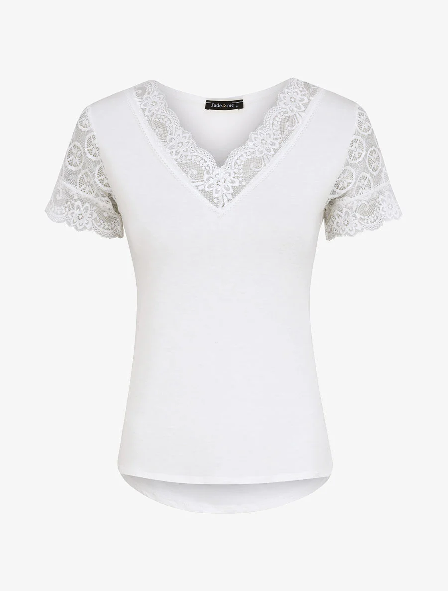 Top uni droit à manches dentelle - Blanc