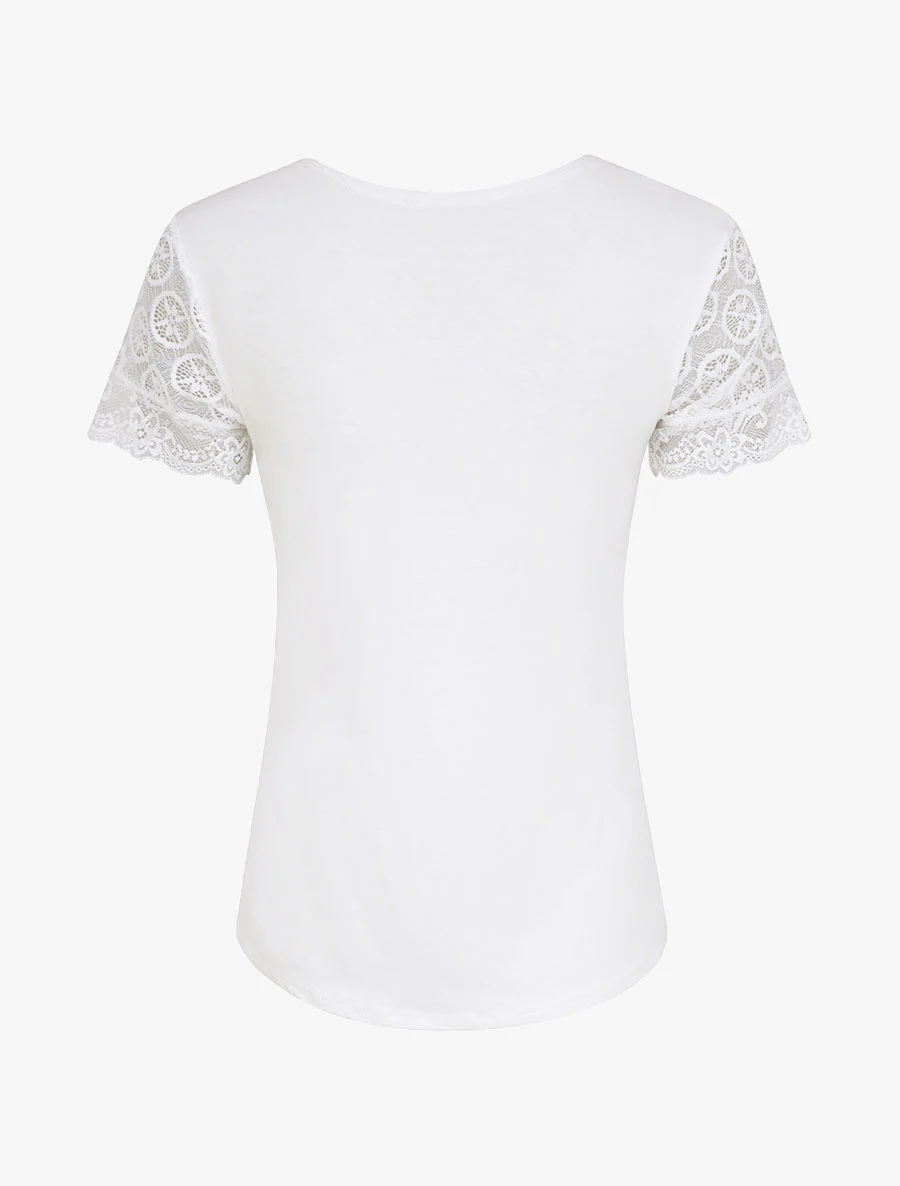 Top uni droit à manches dentelle - Blanc - Image 2