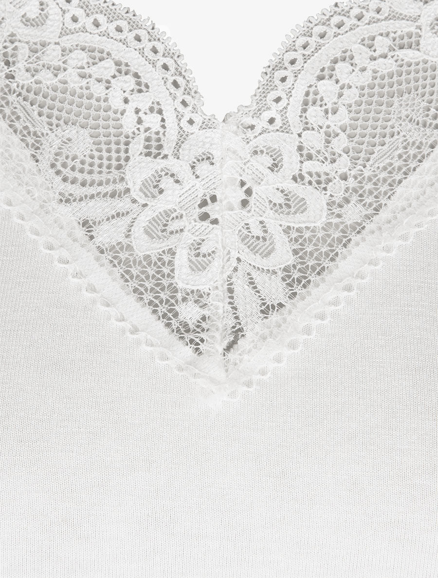 Top uni droit à manches dentelle - Blanc - Image 3