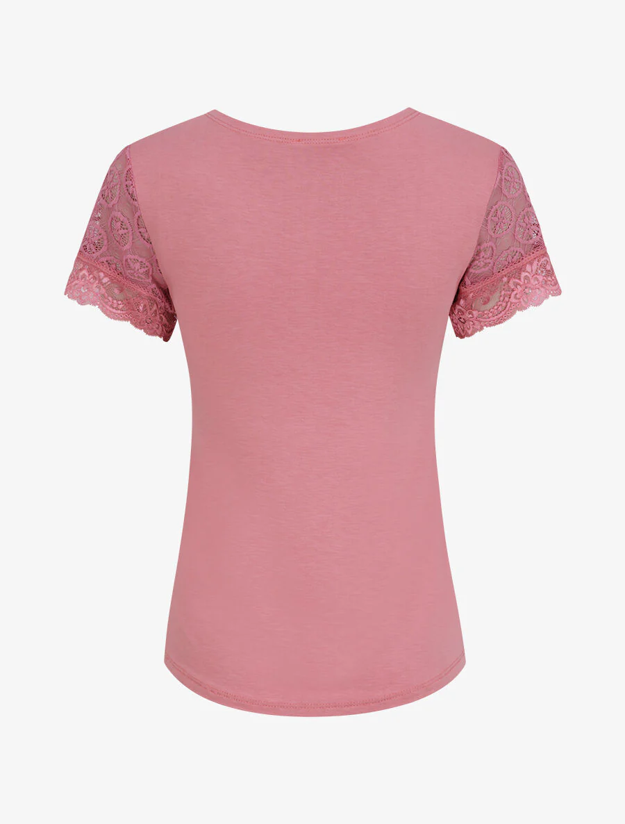 Top uni droit à manches dentelle - Rose - Image 2
