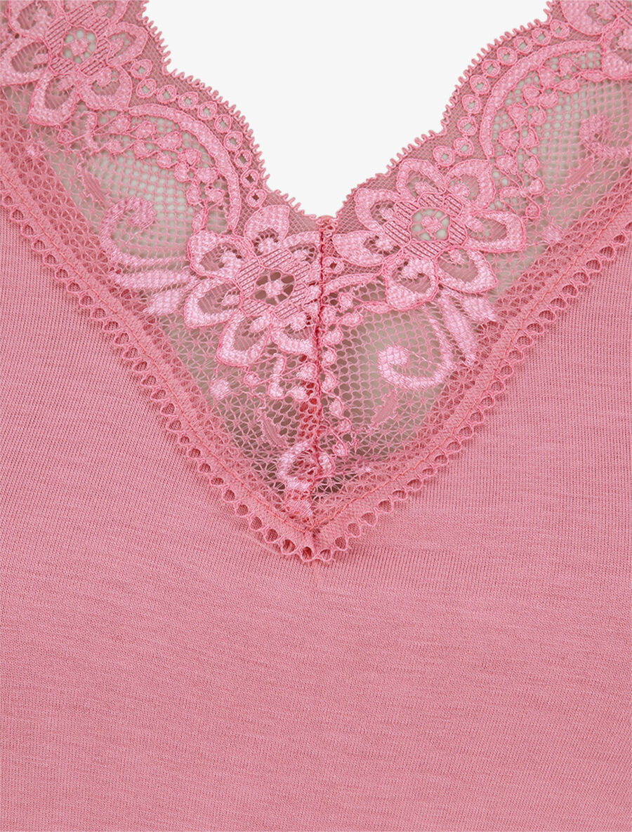 Top uni droit à manches dentelle - Rose - Image 3