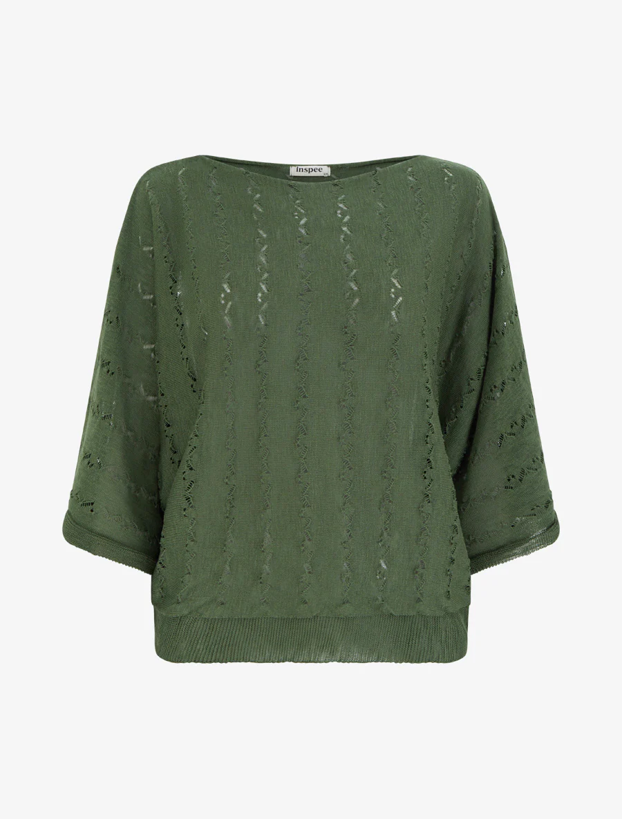 Top uni en maille ajourée à manches 3/4 - Kaki