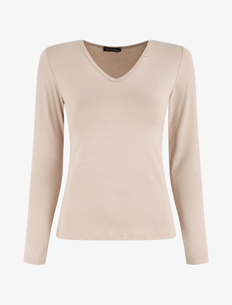 Top uni manches longues à col V - Beige