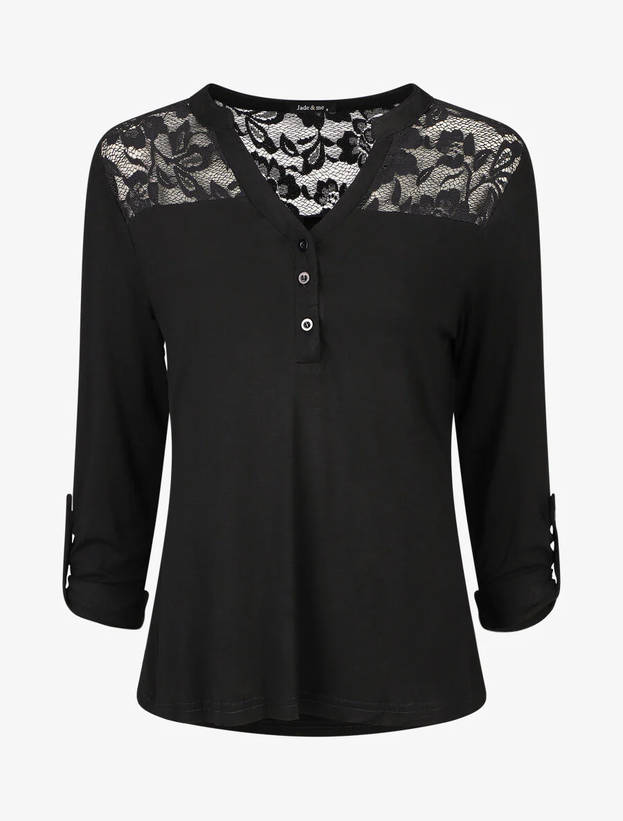Top uni manches longues et dentelle - Noir