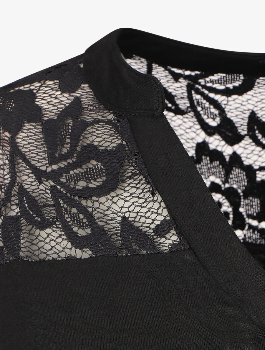 Top uni manches longues et dentelle - Noir - Image 3