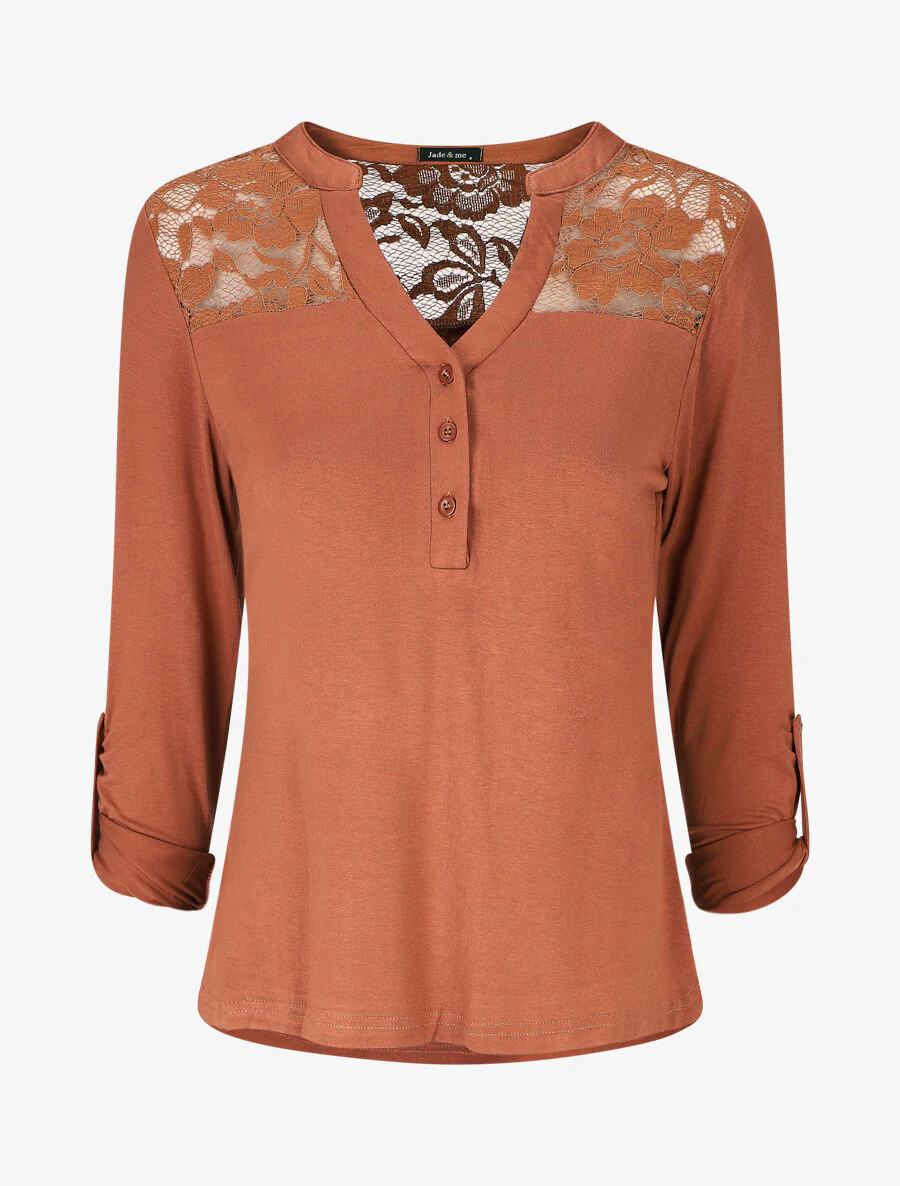 Top uni manches longues et dentelle - Camel