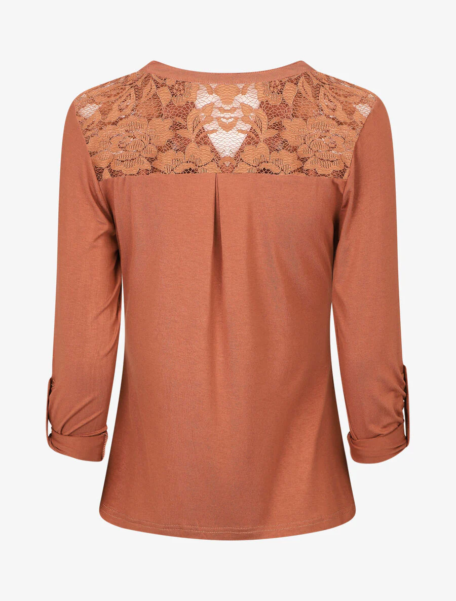 Top uni manches longues et dentelle - Camel - Image 2